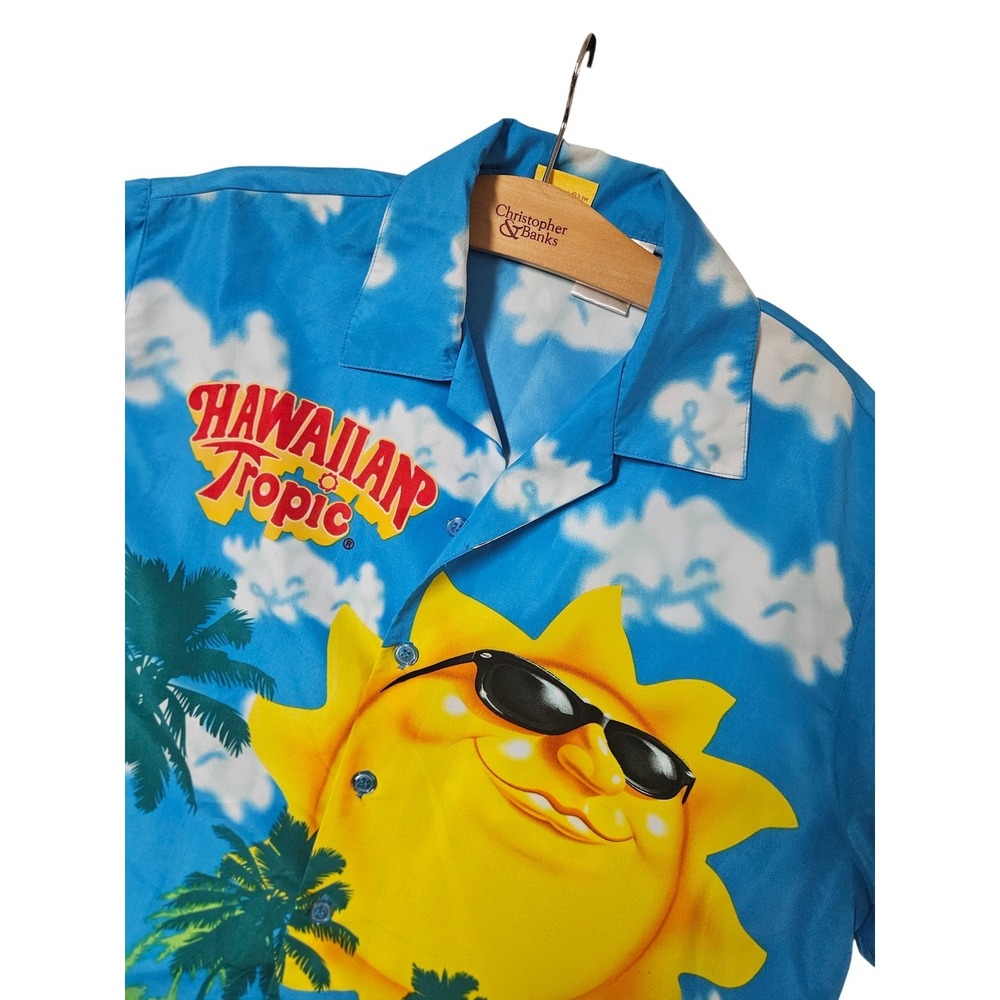 Vtg Hawaiian Tropic Tropical Sun Palm Tree Short Sleeve Shirt Mens Large Blue